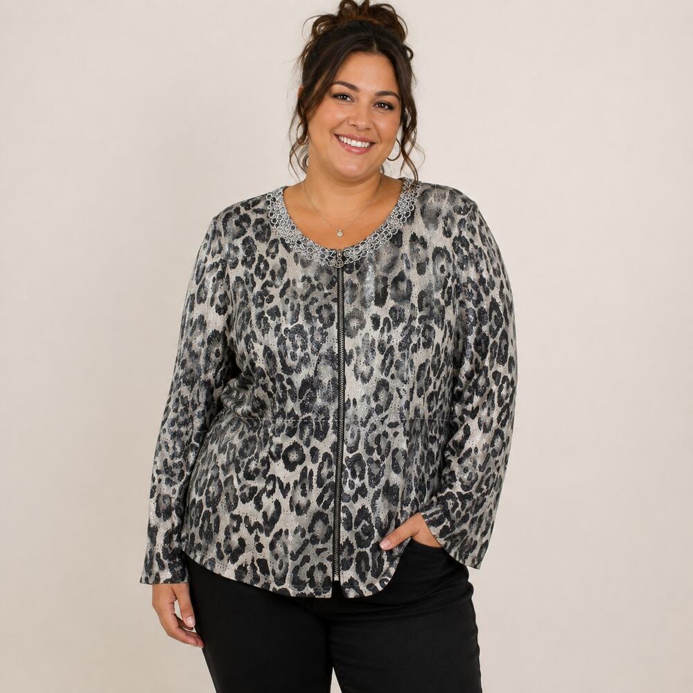 MSK Women 2X Plus Leopard Animal Print Metallic Chain Zip Front Top Glam Chic